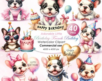 Adorable Birthday French Bulldogs Clipart, Watercolor Birthday French Bulldogs Illustration Clipart, Cute Birthday Dogs PNG, Commercial Use