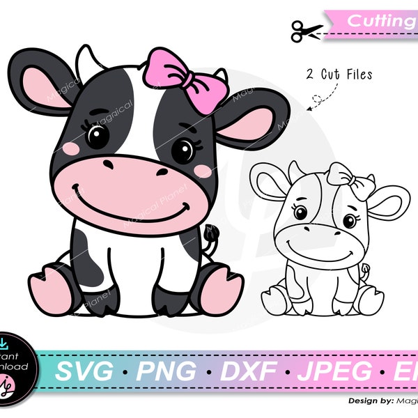 Cute Cow girl SVG layered cut file cute baby cow girl birthday decoration shirt farm animal clipart png file jpeg file dxf file and eps file