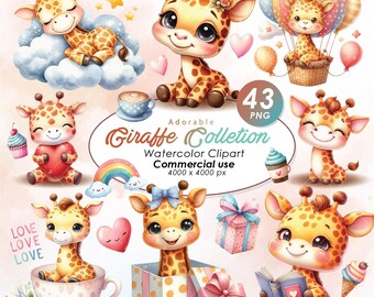 Adorable Giraffe Collection Clipart, Watercolor Adorable Giraffe Collection Illustration Clipart, Giraffe Collection PNG, Commercial Use
