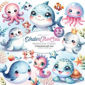 Schattig onder de zee-clipart, aquarel schattig onder de zee illustratie clipart, schattig onder de zee png, commercieel gebruik