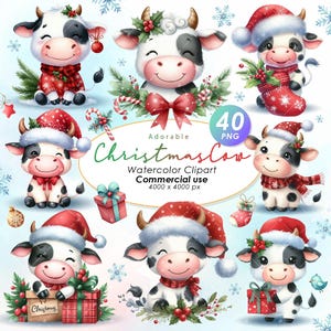 愛らしい牛のクリスマス クリップアート、水彩牛のクリスマス イラスト クリップアート、かわいいクリスマス牛 PNG、商用利用