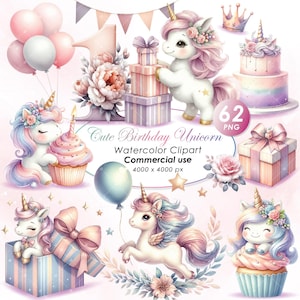 Entzückende kleine Geburtstag Einhorn Clipart, Aquarell Geburtstag Einhorn Illustration Clipart, kleine Geburtstag Einhorn PNG, kommerzielle Nutzung