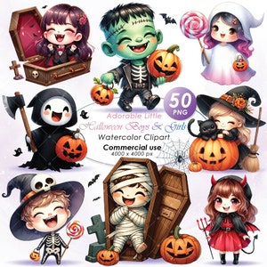 Adorables niños niñas Halloween Clipart, acuarela niños niñas Halloween ilustración clipart, lindos niños niñas Halloween PNG, uso comercial