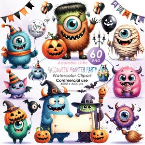 Adorable monstre Halloween Party Clipart, Clipart illustration Halloween monstre aquarelle, monstre mignon Halloween PNG, usage Commercial