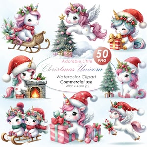Clipart adorável de Natal de unicórnio, clipart de ilustração de Natal de unicórnio aquarela, lindo unicórnio de Natal PNG, uso comercial