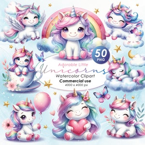 Adorável clipart de unicórnio pequeno, clipart de ilustração de unicórnio aquarela, clipart de unicórnio fofo, PNG de unicórnio, uso comercial