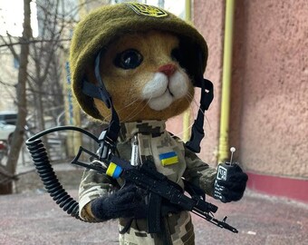Needle Felted Ukrainian Army Cat with Radio, Ukraine Support Gift