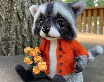 Handmade Felted Raccoon Plush with Flowers - Collectible Soft Toy