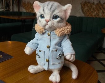 Felted Wool Kitten in Blue Jacket: Handmade Collectible Doll