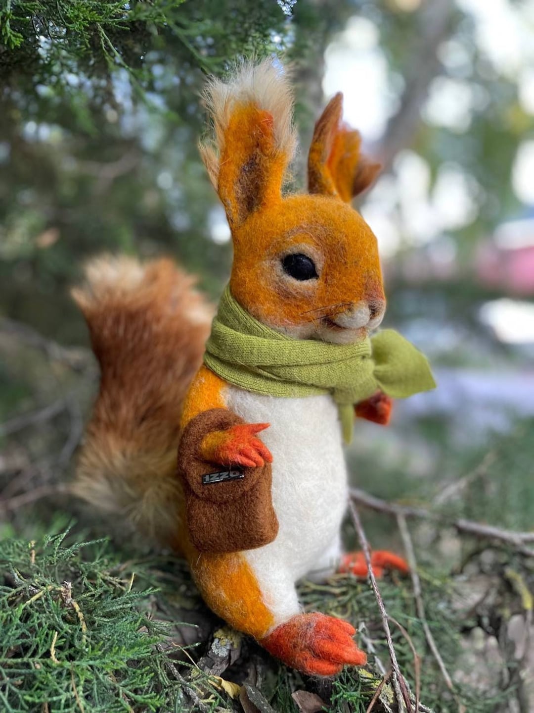 Handmade Felted Squirrel Plush: Fox Fur Tail, Green Scarf - Etsy