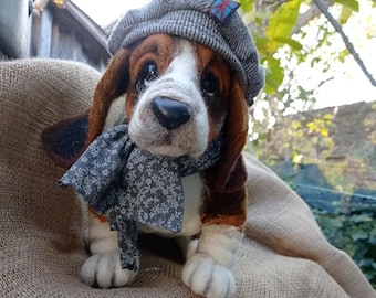 Handmade Needle Felted Basset Hound Toy with Hat and Scarf