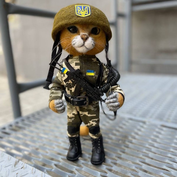 Ukrainian Military Cat Toy: Puss in Boots Style with Radio, Supporting the Ukrainian Army. Unique Gift from Ukraine.