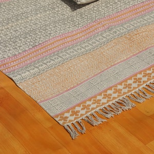 Indian Cotton Handmade Dhurrie Rug, Large Cotton Rug for Living Room, Cotton Area Rug, Hand Block Print Rug, Kitchen Rug