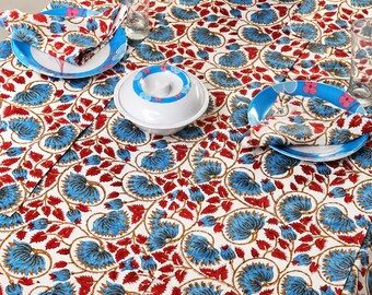 Farmhouse Dining Table Cover Blue Floral Print Handmade Cotton Tablecloth Indian Block Print Decor