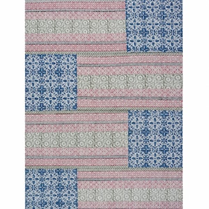 Tapis en Coton Imprimé au Bloc à la Main, Tapis Dhurrie Patchwork Bleu, Tapis Indien Plat Tissé Fait Main pour Salon