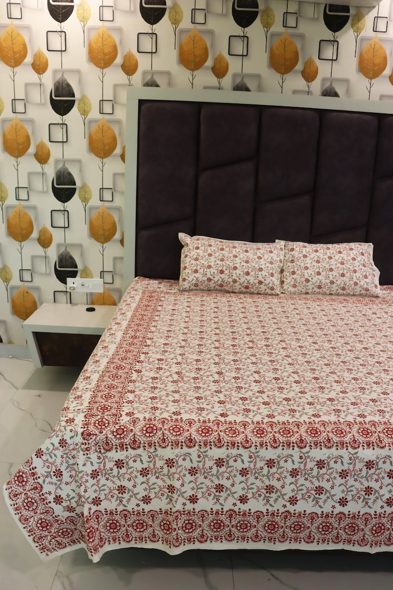 Hand Printed Bedsheet, Block Print Bedsheet With 2 Pillow Covers Flower Print Design Soft and Comfy Bedspread Home decor Bedroom-decor