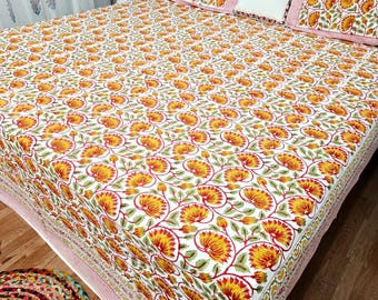 Floral Cotton Fitted Bedsheet With matching Pillow Covers Hand Block Printed Bedspread King Size