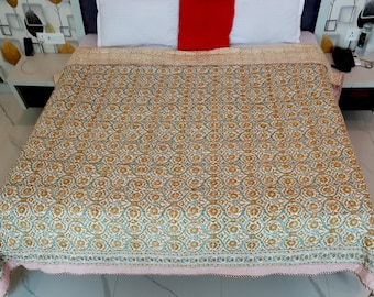 Mustard Blue Floral Cotton Quilt, Hand Block Printed Reversible Queen King Size Boho Bedspread
