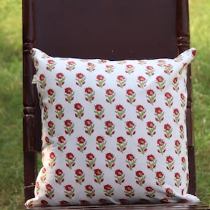 Hand Block Print Pillow Cover: Red & Green Buti Organic Cotton