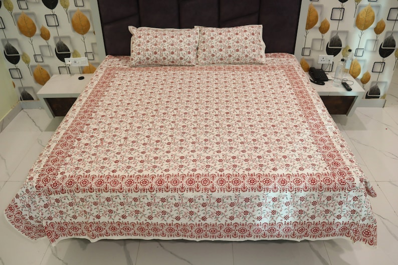 Hand Printed Bedsheet, Block Print Bedsheet With 2 Pillow Covers Flower Print Design Soft and Comfy Bedspread Home decor Bedroom-decor