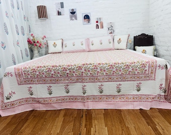 Baumwoll-Bettlaken mit Hand-Blockdruck – Indische Jaipuri Tagesdecke in King/Queen Größe mit Kissenbezügen