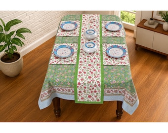 Cotton Table Linen Solid Green Trim, Floral Design for Stylish Dining, Gift for Housewarming