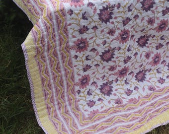 Purple Pink Floral Cotton Quilt, Hand Block Printed Kantha Stitched Reversible Razai