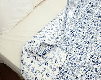 Organic block printed cotton quilt handmade home decor reversible razai king size