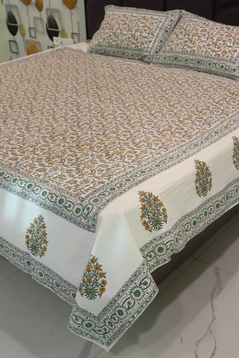 King Size Bedsheet | Double Bedsheet | Hand Block Motif Print Queen Pure Cotton Bedsheet Bed Cover Boho Soft Bedsheet