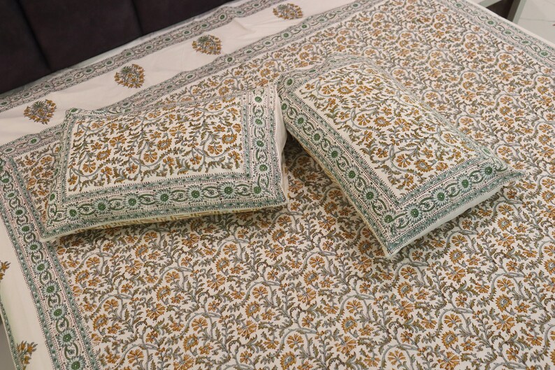 King Size Bedsheet | Double Bedsheet | Hand Block Motif Print Queen Pure Cotton Bedsheet Bed Cover Boho Soft Bedsheet