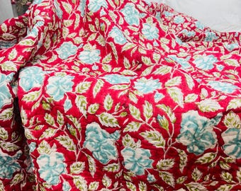 Rustic Floral Cotton Quilt, Red Turquoise Blockprint Bedcover Indian Handblock Floral Design