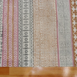 Könnte beinhalten: Ein rechteckiger Teppich mit geometrischem Muster in Grau-, Rosa- und Beigetönen. Der Teppich hat vertikale Streifen mit verschiedenen Designs, darunter sich wiederholende Formen und Muster. Die Kanten haben Fransen.