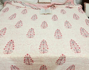 Pink Floral Quilt Block Printed Cotton Coverlet Reversible Bohemian Spring Bedding for Bedroom