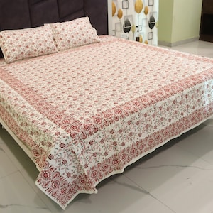 Hand Printed Bedsheet, Block Print Bedsheet With 2 Pillow Covers Flower Print Design Soft and Comfy Bedspread Home decor Bedroom-decor