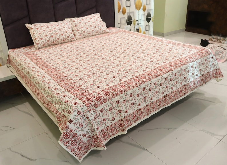 Hand Printed Bedsheet, Block Print Bedsheet With 2 Pillow Covers Flower Print Design Soft and Comfy Bedspread Home decor Bedroom-decor