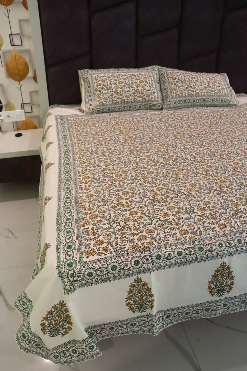 King Size Bedsheet | Double Bedsheet | Hand Block Motif Print Queen Pure Cotton Bedsheet Bed Cover Boho Soft Bedsheet