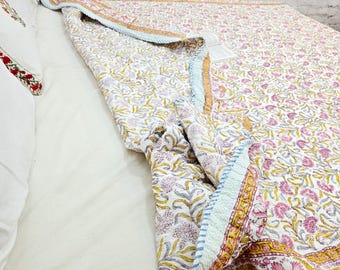 Cottagecore Botanical Hand Block Printed Blanket  Elegant Rose Coverlet, Traditional Jaipur Bedding Queen King