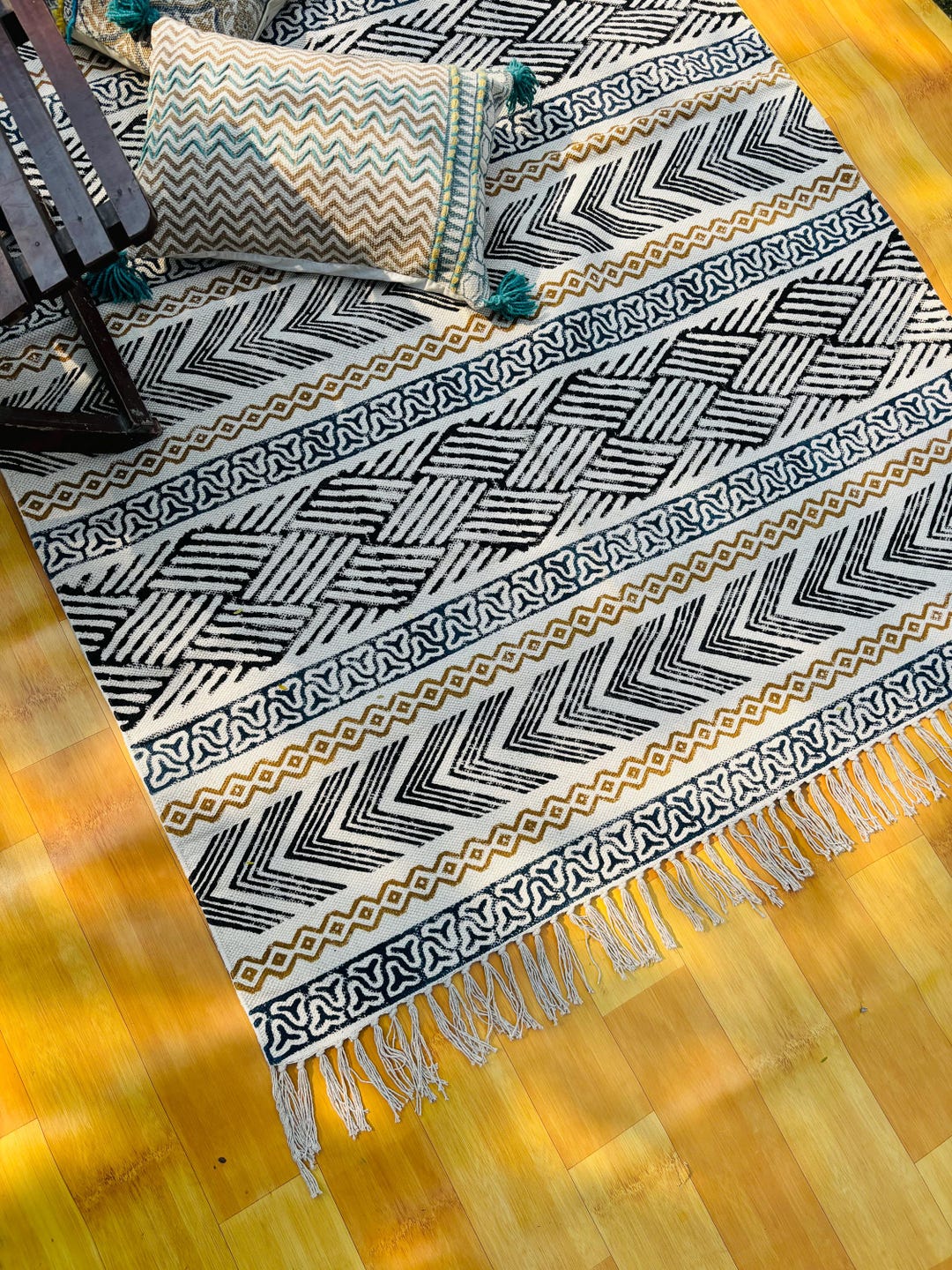 Hand Block Printed Cotton Area Rug, Indian Cotton Rug, Black & Yellow ...