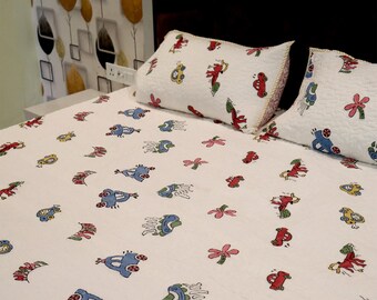 Reversible Cotton Quilt  Hand Block Printed Kantha Bedspread  Jaipur Blanket