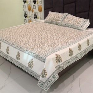 King Size Bedsheet | Double Bedsheet | Hand Block Motif Print Queen Pure Cotton Bedsheet Bed Cover Boho Soft Bedsheet