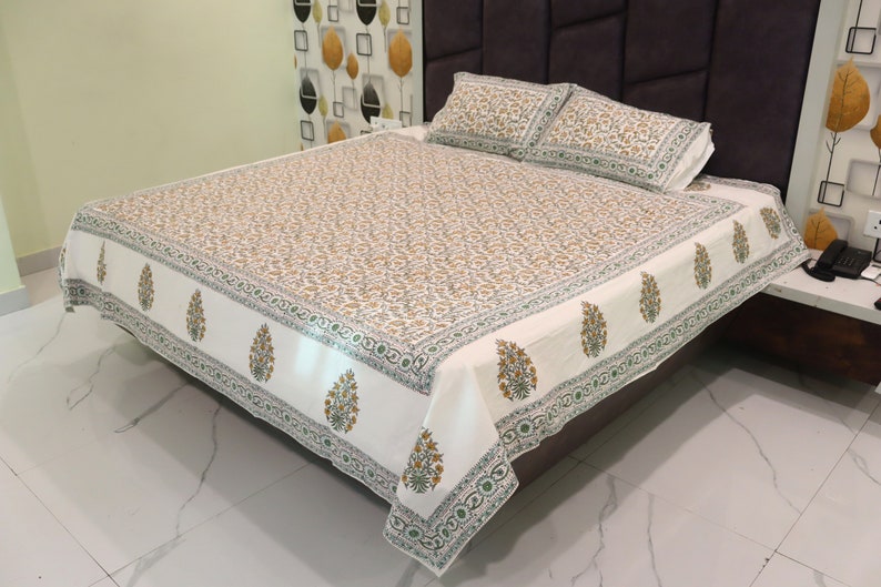 King Size Bedsheet | Double Bedsheet | Hand Block Motif Print Queen Pure Cotton Bedsheet Bed Cover Boho Soft Bedsheet