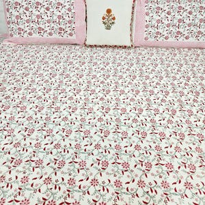 Sábana plana de algodón Sanganeri, diseño floral rosa rojo, juego de cama ligero