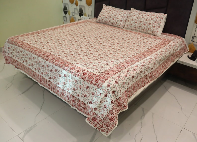 Hand Printed Bedsheet, Block Print Bedsheet With 2 Pillow Covers Flower Print Design Soft and Comfy Bedspread Home decor Bedroom-decor