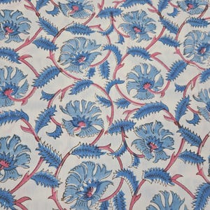 Puede incluir: Tela blanca con un patrón repetitivo de flores y hojas azules, conectadas por tallos rosas. El diseño floral es detallado y cubre toda la superficie, creando un textil visualmente rico.
