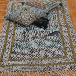 Hand Block Print Cotton Kilim Square Woven Cotton Rug, Living Room Kilim Indoor/Outdoor Patio Rug, Cotton Runner Rug, Home Decor