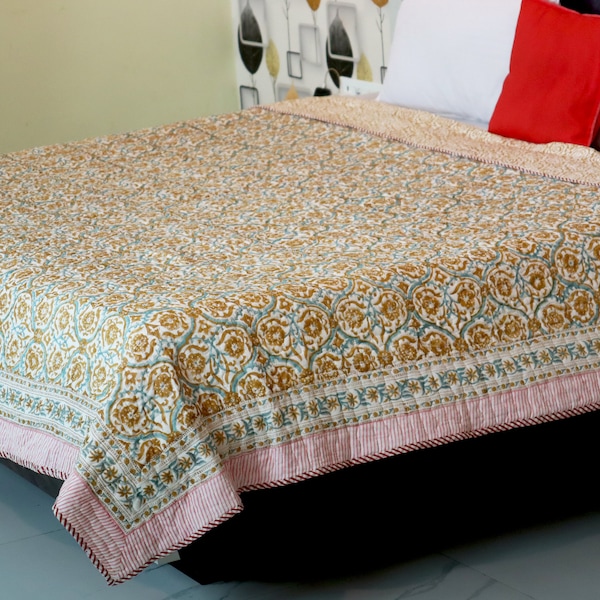 Cotton Quilt, Handmade Bedcover, Organic Dye Reversile Hand Stitched Cotton Filling Kantha Soft AC Blanket, Quilted Bedding Bedspread