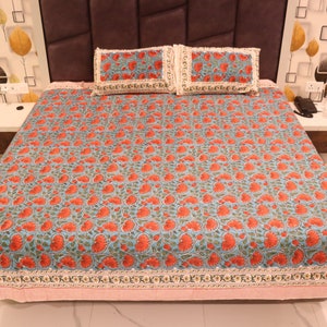 Indian Hand Made Cotton Bedsheet With 2 Pillow Cover Set Hand Block Print Jaipuri Bedspread Blanket Throw Reversible Covers, Bedspread