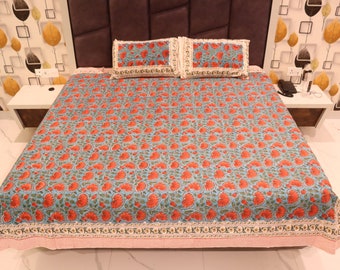 Indian Hand Made Cotton Bedsheet With 2 Pillow Cover Set Hand Block Print Jaipuri Bedspread Blanket Throw Reversible Covers, Bedspread