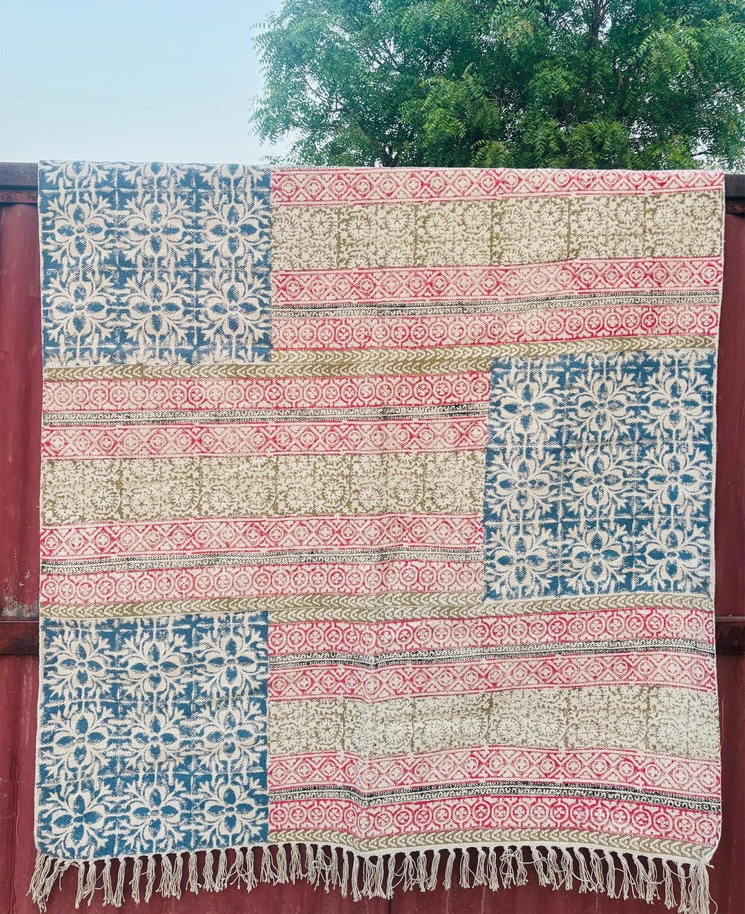 Handmade Patchwork Block Print Cotton Rug | Boho Indian Dhurrie With ...