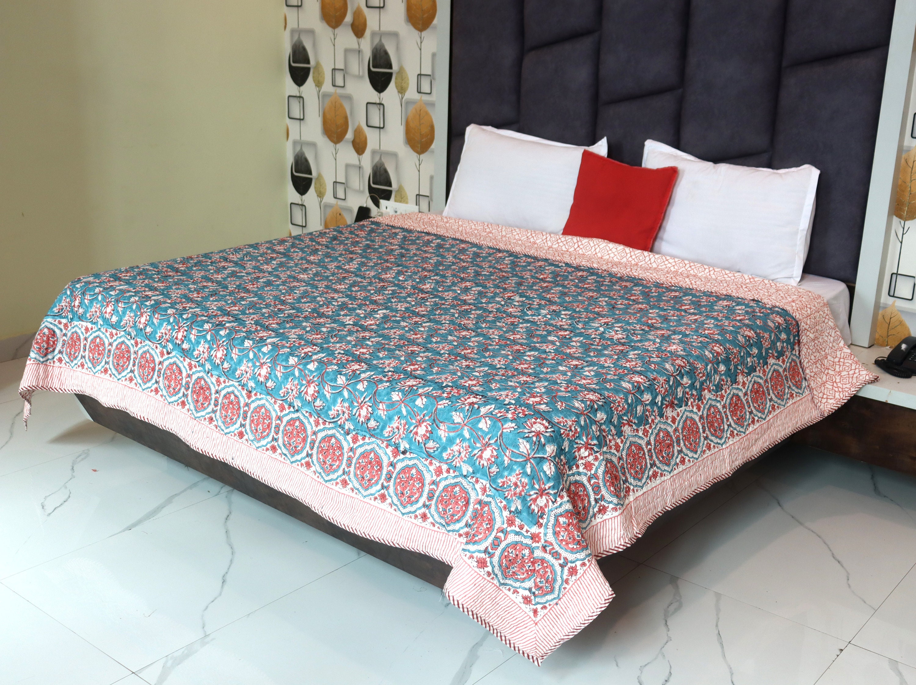 Indian Cotton Handmade Quilted Razai, Floral Hand Block Print Winter